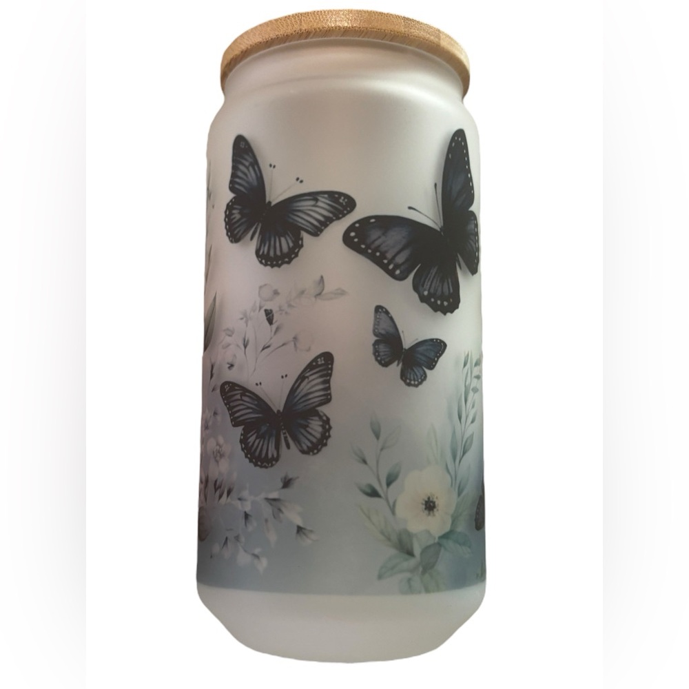 Black Butterflies Handcrafted 16 Oz Glass Can Tumbler with Straw and Bamboo Lid